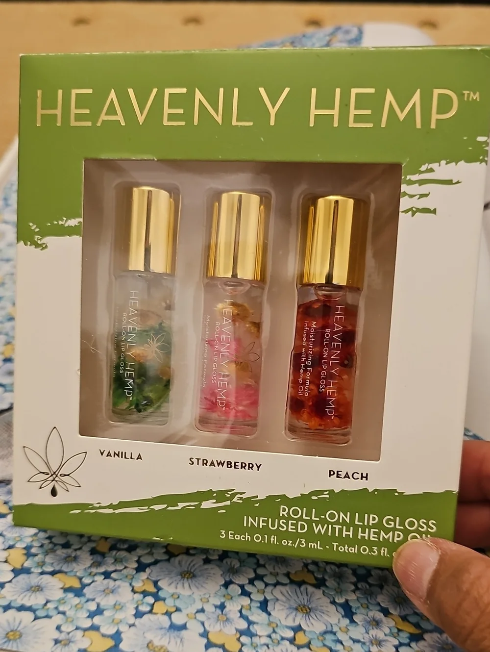 NIB Heavenly Blossom Roll-on Lip Gloss Oil Set Vanilla, Strawberry Peach